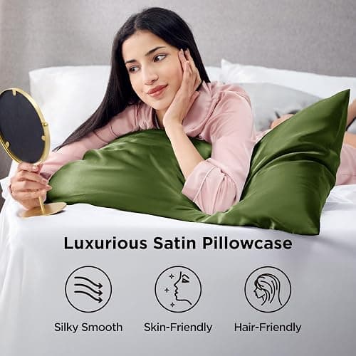 Bedsure Satin Pillowcase Standard Set of 2, Similar to Silk Pillowcase Moss | Reduces Hair Frizz & Skin Friction, Decorative Covers, Room Decor, Gifts for Women Men, Envelope Closure, Cooling, 20" x 26" thumbnail 2