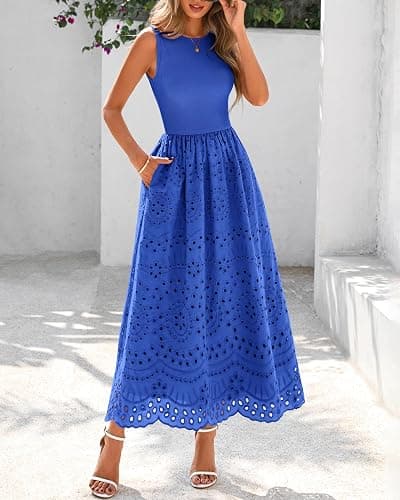 dowerme Women Sleeveless Lace Eyelet Cotton Tank Maxi Dress | Summer Casual Crewneck A-Line Dresses 2026,Fall Knit And Woven Boho Sundress with Pockets,Cute Wedding Beach Vacation Clothes thumbnail 2