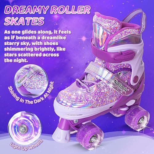 Nattork Kids Roller Skates for Girls Kids, 4 Sizes Adjustable Girls Roller Skates for Ages 3-12 with Light up Wheels & Safety Protection - Cool Birthday Gift for Indoor Outdoor Sports thumbnail 2