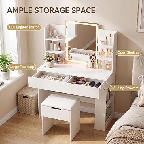 YESHOMY 35.4 Inch Vanity Desk Set with LED Mirror and Lights, Modern White | Makeup Vanity Set with 2 Drawers, Side Shelves, Storage Bench, Open Shelves and 3 Color Lighting Modes thumbnail 3