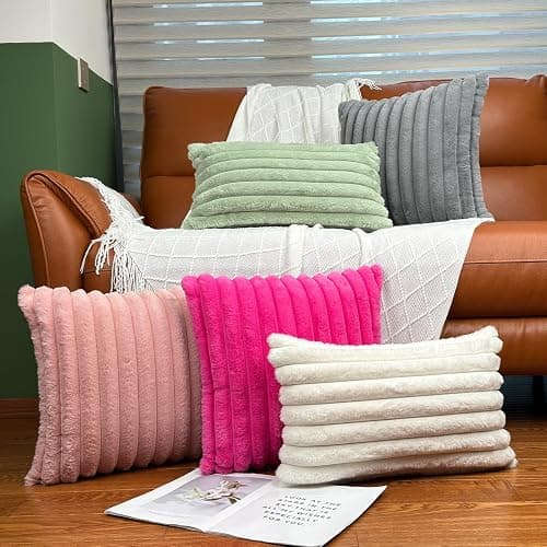 12x20 Throw Pillow Covers Set of 2, Decorative Faux Fur Covers for Bed, Couch Soft Fluffy Pillow Cover with Velvet Back for Living Room, Neutral Home Décor Accent for Sofa - Cream White thumbnail 5