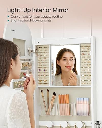 SONGMICS Jewelry Organizer, LED Jewelry Cabinet Wall/Door Mounted, Lockable Rounded Wide Mirror with Storage, Interior Mirror, 3.9 x 16.5 x 55 Inches, White Surface with Greige Lining thumbnail 6