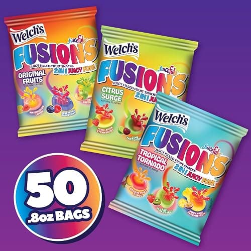 Welch's Fruit Snacks Fusions, Variety Pack, Gluten Free, 0.8 oz, 50 Ct | Juice-filled 2-in-1 fruit snack, 3 flavor collections: Original Fruits, Tropical Tornado & Citrus Surge, gluten free thumbnail 3