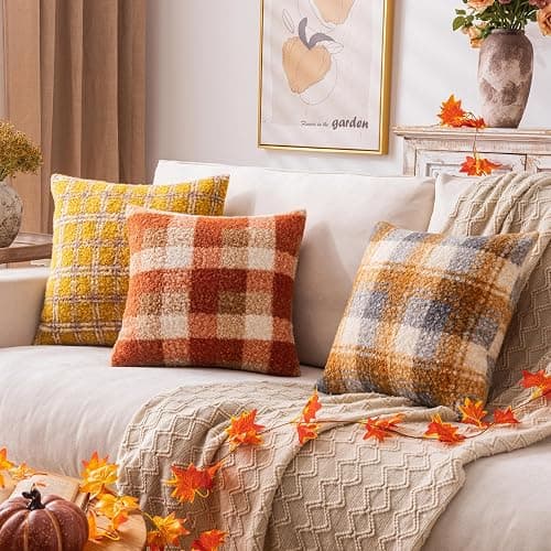 AQOTHES Plaid Fall Throw Pillow Covers Orange 18x18 Inch Set of 2 | Boucle Decorative Pillow Covers, Autumn Cozy Fluffy Home Farmhouse Decor, for Living Room Sofa Couch Bed, Holiday Decorations thumbnail 3