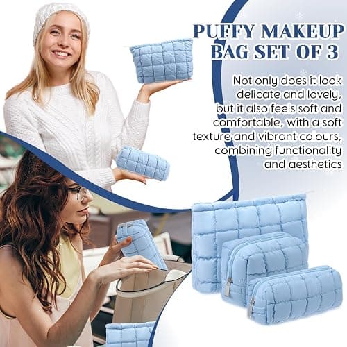 Huhumy 3 Pcs Puffy Makeup Bag for Women, Checkered, Blue, Medium | Quilted Cosmetic Pouch Cute Travel Toiletry Bag Puffer Makeup Organizer Purse Pouch Preppy Pencil Case with Zipper thumbnail 6
