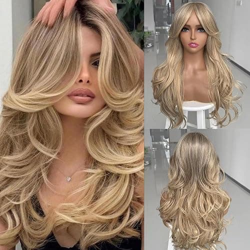 Jolelyne Long Golden Blonde Wavy Layered Wig with Curtain Bangs for White Women Synthetic Platinum Blonde Highlight Wig Light Brown Body Wave with Bangs Middle Part for Daily Party Use thumbnail 6