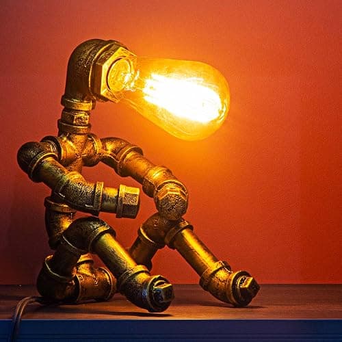 Steampunk Table Lamp, Vintage Industrial Metal Robot Table lamp, Water Pipe Table Lamp, Robot Style Desktop Light for Bedside Desk Bar Cafe Desktop Room Decoration (Not Included Bulb) thumbnail 3