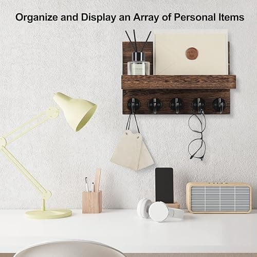 Lwenki Key Holder for Wall, Decorative Key and Mail Holder with Shelf Has Large Key Hooks for Bags, Coats – Paulownia Wood Key Hanger with Mounting Hardware (9.8”W x 6.7”H x 4.2”D) (Brown) thumbnail 6