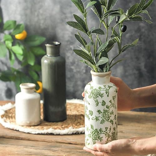 Vintage Vase Set of 3, Ceramic Vintage Flower Vases, Chinoiserie Decorative Home Decor Retro Floral Vase Rustic Farmhouse Decor for Table Bookshelf Mantel Kitchen Living Room Office - Green and Beige thumbnail 3