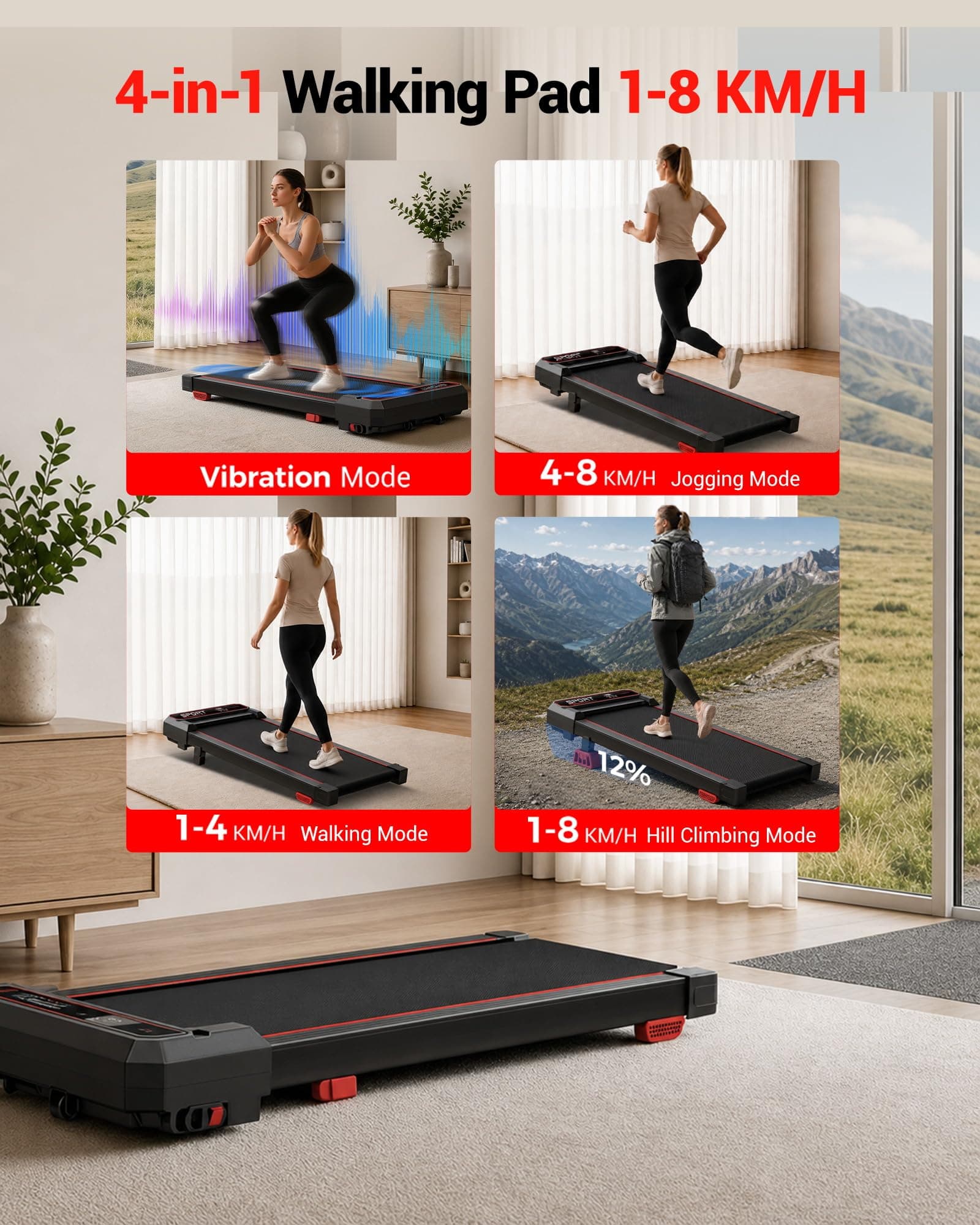 LONTEK 12% Incline Walking Vibration Pad Treadmills for Home, 4 in 1 PortableTreadmill with 120KG Weight Capacity, Under Desk Treadmill with 3.0HP Brushless Quiet | Compact, Foldable, Portable, Under Desk, 0.6-6.2MPH, Quiet 2.5HP, Remote & Digital Display, 330lb Capacity, Home Office Gym thumbnail 3