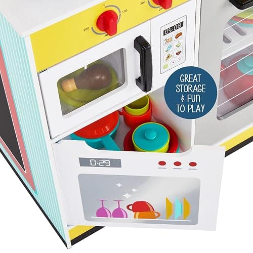 Lil' Jumbl Wooden Restaurant Playset, Interactive Diner Kitchen, Ages 3-8 | Gives kids a lifelike serving and prep space with refrigerator, oven, sink, and menu boards to spark creative fun. thumbnail 9