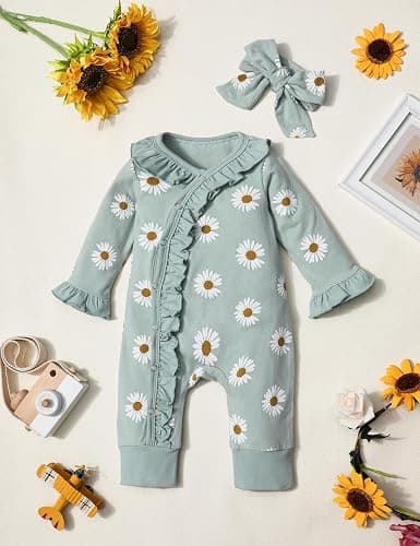Von kilizo Baby Girl Clothes Infant Newborn Onesie Clothes for Baby Girls Long Sleeve Zip Closure Outfit with Headband thumbnail 8