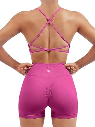 SUUKSESS Women Seamless Workout Sets Strappy Sports Bra High Waist Booty Shorts Outfits - Shorts Set - 0-2 - #1 Hot Pink - Image 1