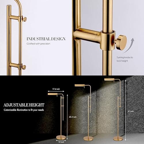 O'Bright Cedric Adjustable Pharmacy Floor Lamp - Industrial Design for Reading, Crafting, Work - 10W LED, Height 45-61 inches - Ideal for Living Room, Bedside, Office - Antique Brass (Gold) thumbnail 3