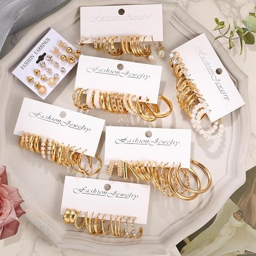 42 Pairs Gold Hoop Earrings Set for Women, Fashion Chunky Pearl Earrings Multipack Twisted Statement Earring Pack, Hypoallergenic Small Big Hoops Earrings for Birthday Party thumbnail 2