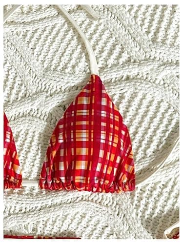 SweatyRocks Women's Plaid Print Halter String Bikini Set 3 Piece Swimsuit with Cover Up Shorts thumbnail 3
