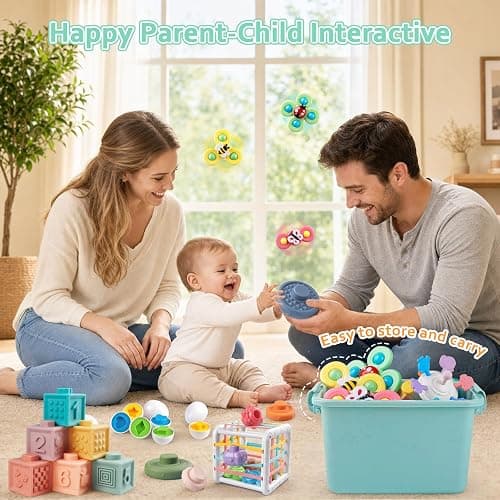 Plunack Montessori Baby Toys 6 in 1 Sensory Developmental Learning Set | Stacking Blocks, Rings, Pull String, Suction Cup Spinner, Matching Eggs & Sensory Bin, BPA-Free, Infant Developmental Skills thumbnail 2