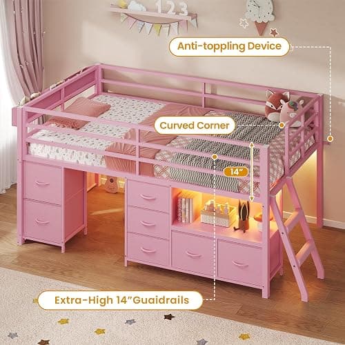 ADORNEVE Low Loft Bed Twin Size with 7 Storage Drawers, Bookcase and LED Lights, Metal Kids Loft Bed with 14" H Safety Guardrail,Inclined Ladder and Play Curtain, Under-Bed Play Space,Pink thumbnail 3