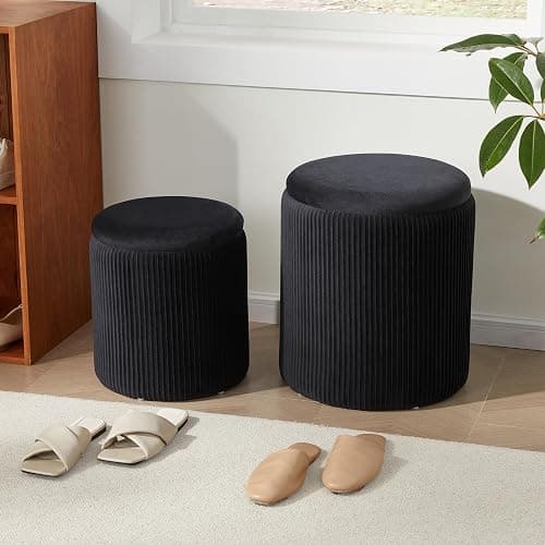 Royal Windsor Round Ottoman with Storage Set of 2,Vanity Stool with Storage for Bedroom, Ottoman Coffee Table,Small Velvet Foot Stool for Living Room, Black thumbnail 9