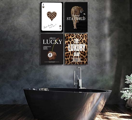 KBIERQN 4pcs Trendy Leopard Prints Canvas Wall Art Lucky 8 Ball Poster Preppy Room Stay Wild Cheetah Pictures Luxury Club Poster for Girls Bedroom Apartment Dorm Wall Decor 12x16In Framed thumbnail 4