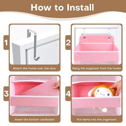 Over the Door Organizer, 4 Large Pocket Hanging Storage with 40lb Capacity | Space Saving Behind Door Storage for Nursery, Bathroom, Bedroom and Closet, Baby Stuff and Toiletry Organizer, Pink thumbnail 5