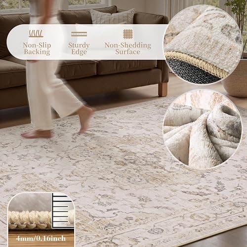 Resare 5x7 Area Rug, Washable Rugs for Living Room, Beige Rug for Bedroom Non Slip Vintage Floral Carpet for Dining Room Playroom Office thumbnail 3