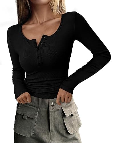 PRETTYGARDEN Women's Fall Long Sleeve Henley T Shirts | Soft Ribbed Knit, Button Up, Slim Fitted, Layering Tops, Plain Basic Tee, Trendy Casual, Spring Outfits, Fashion Clothing - Image 1