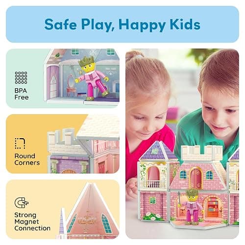 PicassoTiles 60pc Magnetic Tile Princess Castle Building Set with Double Sided Printed Tiles 2 Character Figures STEM Educational Toy Kit for Kids Pretend Play Montessori Learning Ages 3 to 8 PTQ04 thumbnail 7
