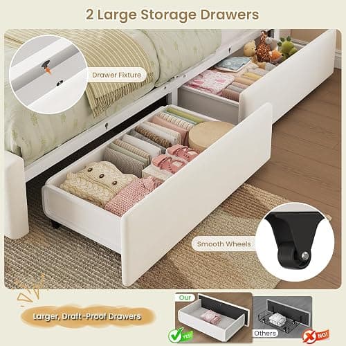 DICTAC Twin Size Bed Frame for Kids with Storage Drawers, Bookcase Headboard, LED Lights and Power Outlets, Diamond Tufted Velvet Upholstered Princess Platform Bed, Heavy-Duty Metal Support, Beige thumbnail 6