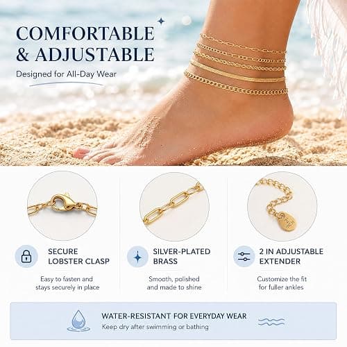 AOZEL Gold/Silver Plated Anklet Bracelets for Women Waterproof Plus Size Cuban Link Chain Ankle Bracelet for Large Ankle 9-12inch thumbnail 4