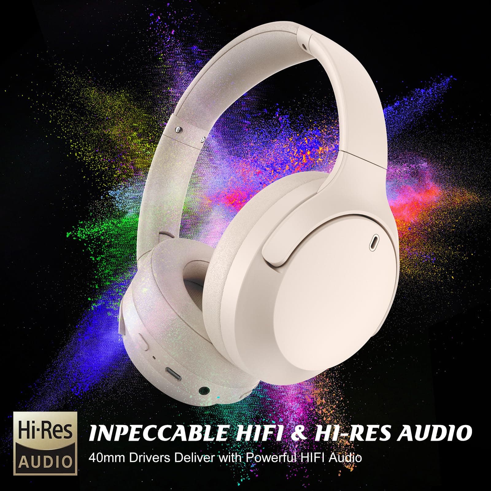 Active Noise Cancelling Headphones, Bluetooth 5.3 Version, Wireless Headsets, 55H Playtime, ANC Mode Over 28dB Noise Reduce, CVC 8.0 Mic, Hi-Fi Audio Sound, USB-C Charge, Protein Skin Over Ear Cups. thumbnail 2