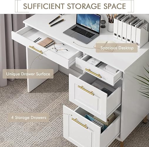 4 EVER WINNER White Desk with Drawers and Golden Handle, 43 Inch Small Desk with 4 Storage Drawers, Computer Desk with Storage Shelves for Home Office, White and Gold thumbnail 3