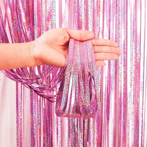 YAAVAAW 2pcs 3.2 x 8.3ft Glitter Pink Tinsel Curtain Foil Fringe Curtain Backdrop Party Streamers Curtain Photo Backdrop Decorations for Birthday School Graduation Hen Girls Party Decorations Pink thumbnail 4