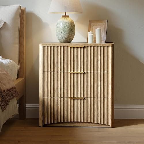 Evermagin Fluted Nightstand Set of 2, Natural Oak Bedside Table with 3 Drawers, Wood End Table with Storage Mid Century Modern, Large Night Stand for Bedroom thumbnail 3