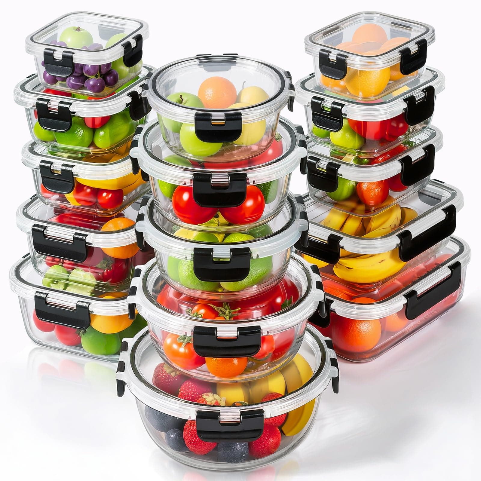 15 Pack Glass Food Storage Containers with Lids, Airtight Leak Meal Prep Glass Containers, 3 Size Lunch, BPA Free，Reusable for Kitchen Organization (15 pcs Black) - Image 1