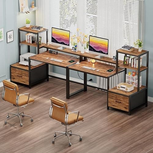 GreenForest Computer Desk with Drawers and Monitor Stand, Home Office Desk with Storage Shelves, Small Gaming Desk with Power Outlets and LED Lights for Study Writing Working, 51 inch Walnut thumbnail 9