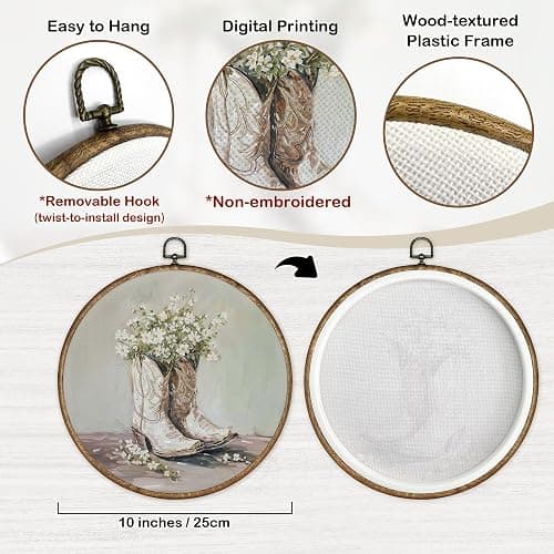 TLESKE Vintage Western Cowgirl Round Wall Art Decor Framed 10x10, Western Teen Girls Canvas Wall Art Prints Artwork, Cowboy Preppy Hanging Wall Picture Room Decor for Home Bedroom Living Room thumbnail 7