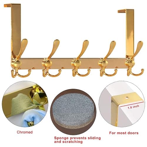 Dseap Over The Door Hook Hanger - Fits 1 3/8" to 1 3/4" Standard Doors | 5 Tri Hooks Heavy Duty Towel/Coat Rack | Door Organizer for Clothes, Jackets, Hats, Towels, Gold thumbnail 8