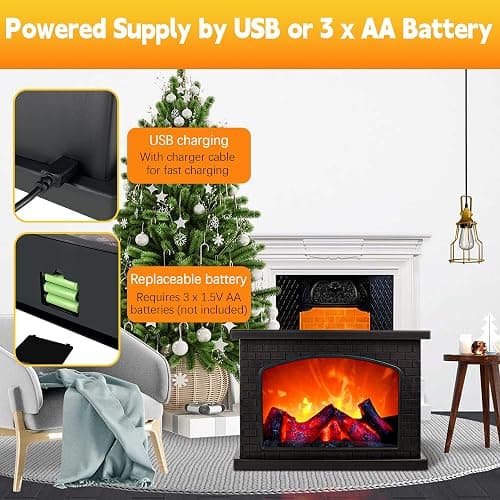 Fireplace Lanterns Decorative,Small Fake Fire Place,Flame Effect LED Fire Lamp,Battery Operated USB Charge Portable Fireplace,Indoor Outdoor Christmas Decoration (No Heater Function Black) thumbnail 3