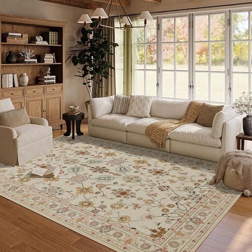 Rugxara Floral Rug for Living Room Bedroom, 5x7 Washable Rug, Vintage Boho Area Rug, Large Non Slip & Low Pile Wool Carpet for Indoor Dining Room, Girls Room, Nursery Room and Kids Room(Apricot 5x7ft) thumbnail 3