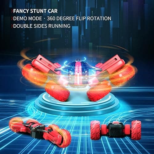 Remote Control Car for 6-12 Years Old Boys Girls Birthdays Present Gift, Hobby RC Car Stunt with LED Light Electric 4WD 2.4Ghz Double Sided Rotating Racing Vehicle 360° Flips Offroad Kids Toy Red thumbnail 2