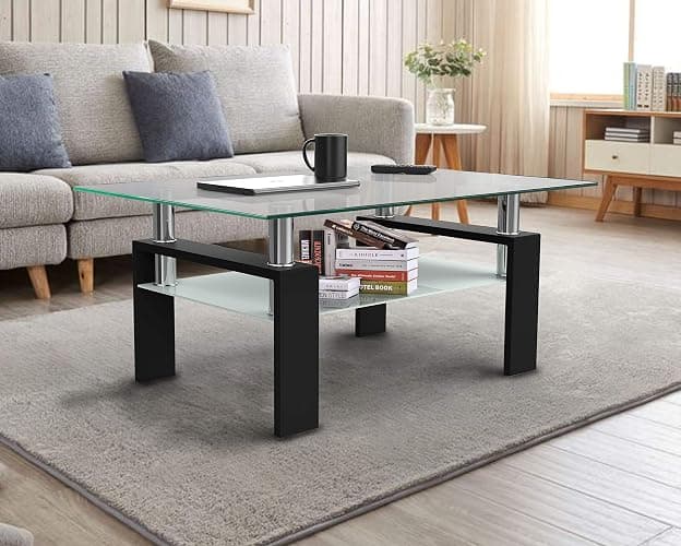 IANIYA Coffee Table with Metal Tube Legs, Glass and Rectangle End Table for Livingroom (Black) thumbnail 5