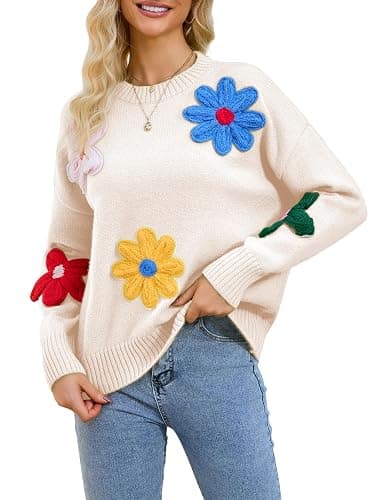 Aedceal Women Floral Sweater Long Sleeve Round Neck Casual Lounge Colorful Flower Knit Pullover Top - Image 1