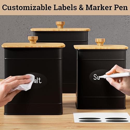 Kitchen Canisters for Countertop Set of 3 with Customizable Chalkboard Labels & Marker Pen - Big Iron Kitchen Canisters with Airtight Lids - Black Canister Set - Flour and Sugar Containers Farmhouse thumbnail 6