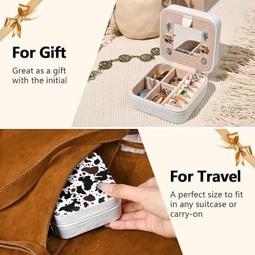 Western Jewelry Box Case Black Brown Cowhide Print Travel Jewelry Organizer Christmas Gifts for Women Country Girls Cowgirl Stuff Small Portable Travel Accessories for Women -White Cowhide thumbnail 5