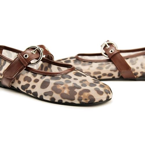 Gothictor Leopard Flats for Women Mesh Flats Ballet Flats Mary Jane Flats Women's Dress Shoes Ballet Shoes thumbnail 4