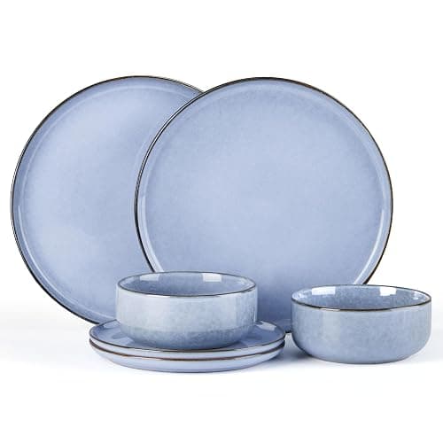 E-far 6-Piece Reactive Glaze Dinnerware Sets, Ceramic Dishes Set for 2, Stoneware Plates and Bowls Dinning Ware, Microwave & Dishwasher Safe - Ocean Blue - Image 1