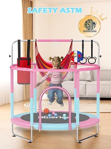 BLUERISE 55IN 6FT Toddler Trampoline for Kids Indoor Outdoor Play for Kids Trampoline Basketball Hoop Attachment with Enclosure Net Easy to Assemble thumbnail 2