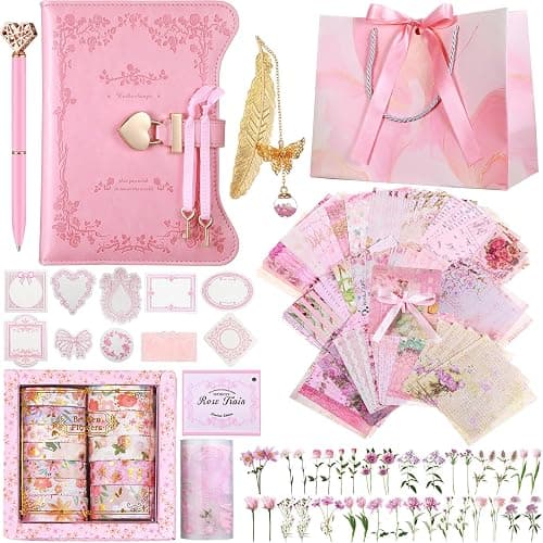Janlaugh DIY Journal Diary with Lock Set Scrapbook Kit Stationary Diary Supplies Art Crafts Kit for Birthday Holidays Ideal Gifts for Women Teen Girls(Pink,Classic) - Image 1