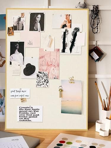 Bulletin Board 30 x 20 inches, Oatmeal White Pin Board, Golden Aluminum Framed Fabric Cork Board with 10 Push Pins thumbnail 6